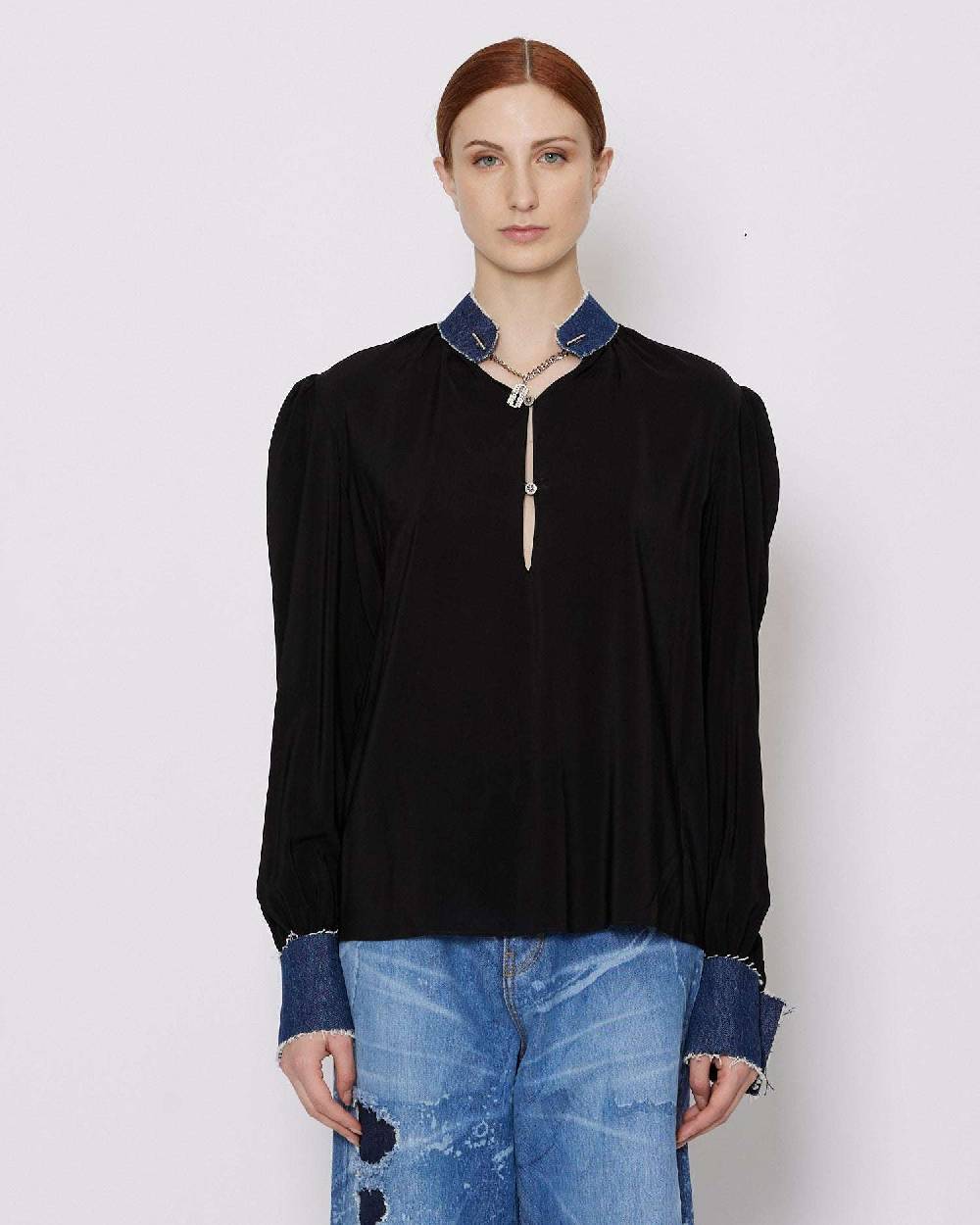 John Richmond Blusa con applicazioni in denim Outlet