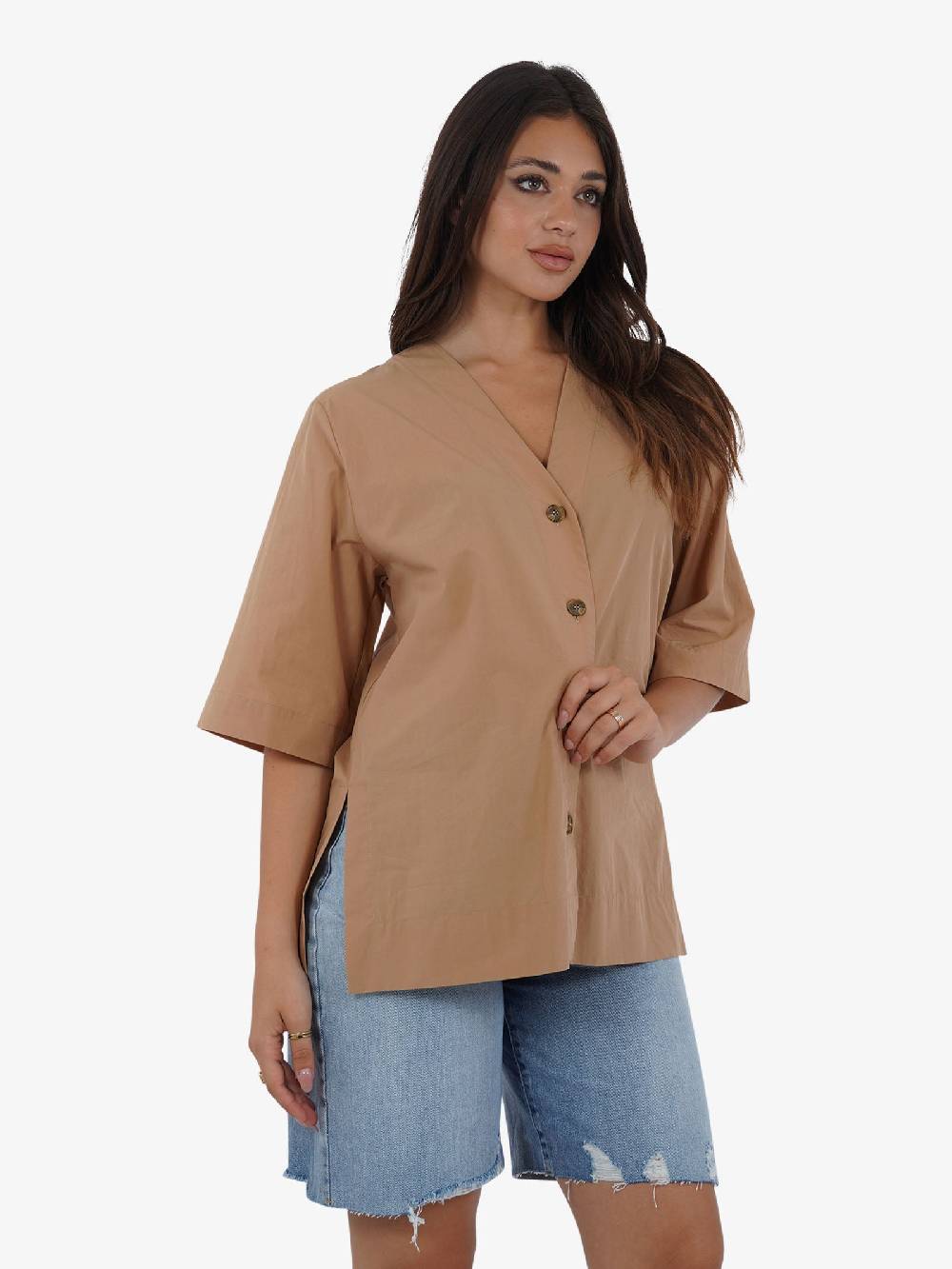 OTTOD'AME Camicia in popeline con mezza manica PCH_DC4940 donna cotone marrone Offerta Giorno del Papà