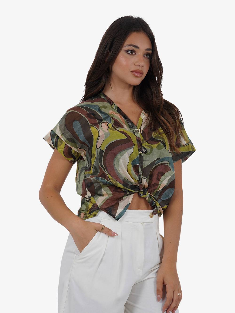 HAVE ONE Camicia a stampa CFL-L162 donna cotone verde Offerta San Valentino