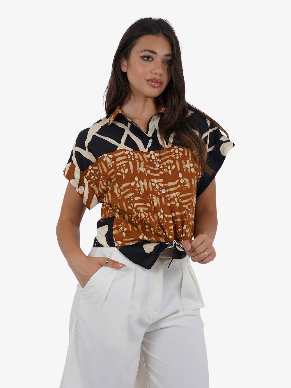 DIXIE Camicia fantasia geometrica CEGOUXV donna cotone marrone Offerta Anniversario