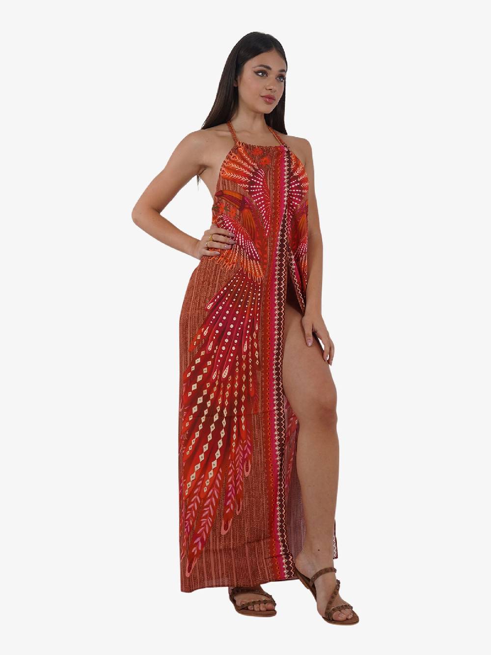 PIN UP Copricostume abito lungo aperto stampa wingsPE130A donna viscosa marrone Ritorno libero