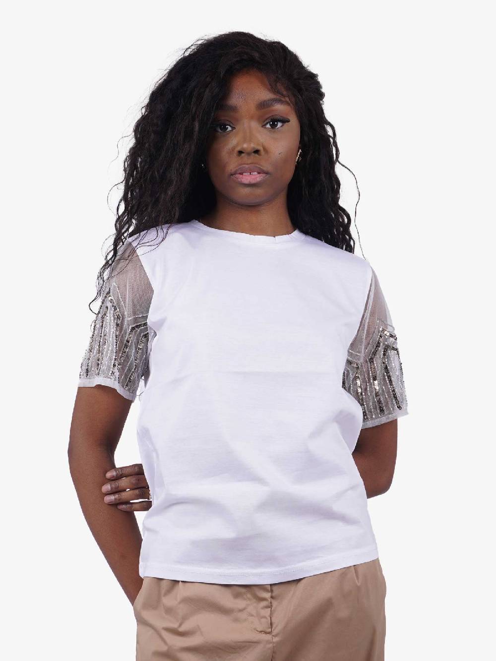 TRASH AND LUXURY Tshirt donna bianca con dettaglio maniche Promozione temporanea