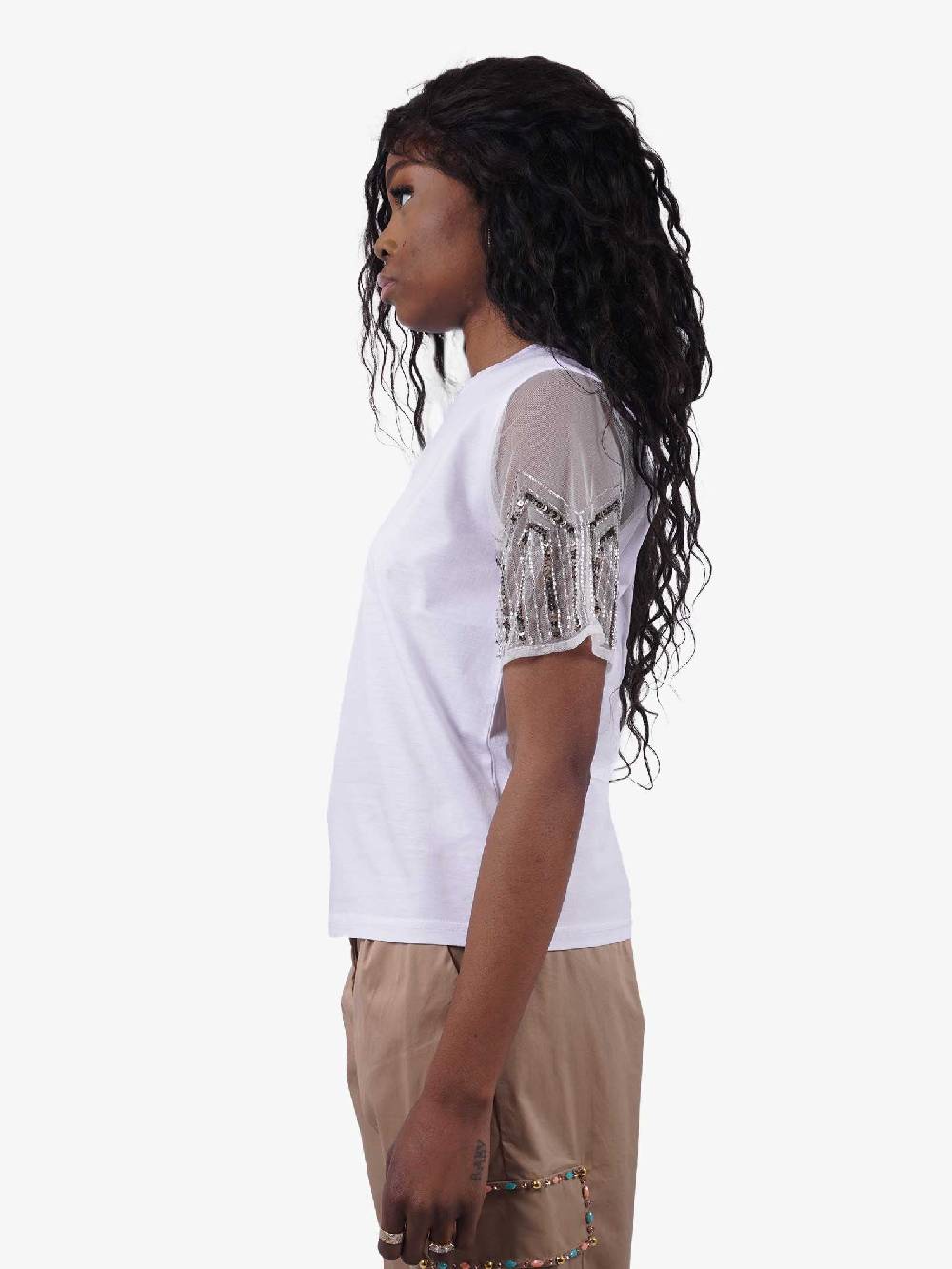 TRASH AND LUXURY Tshirt donna bianca con dettaglio maniche Promozione temporanea